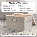 Graciadeco Medium 15" 21 Quart Collapsible Stackable Storage Bins with Lids, 3 Packs Beige Foldable Fabric Closet Boxes Heavy