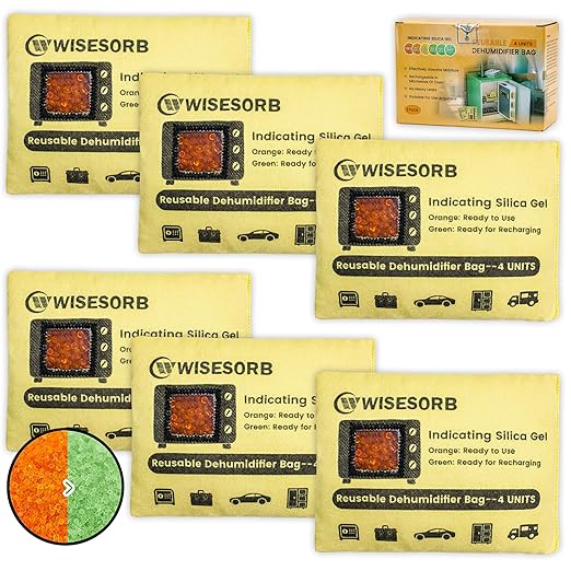 6 Pack 120G Reusable Silica Gel Desiccant Dehumidifier Bags, Color Indicating Moisture Absorbers for Car, Closet, Garage,