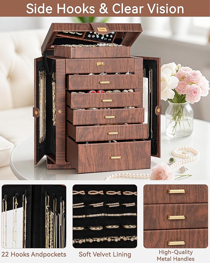 AKOZLIN 360° Rotating Jewelry Box Extra Large 6-Tier Organizer Functional Jewelry Storage Case for Women Girls Ring Necklace 