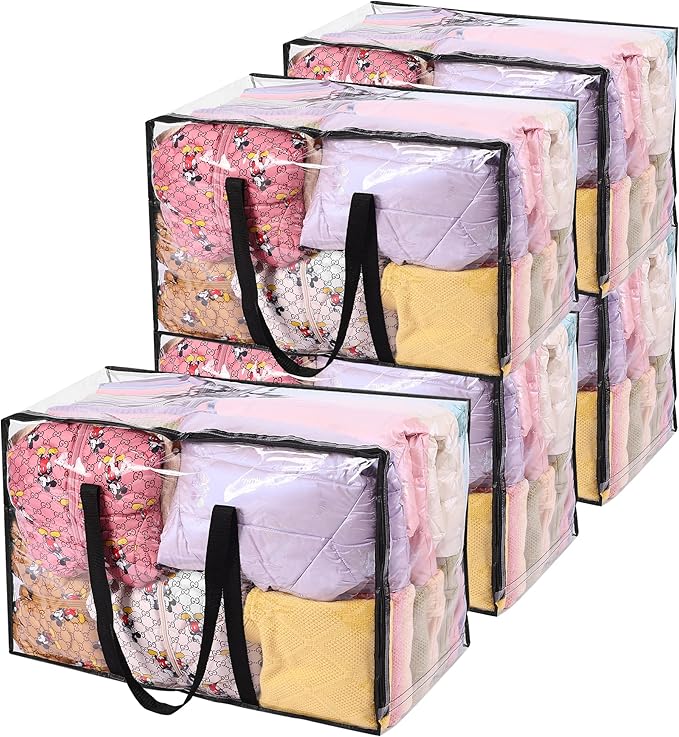 Vieshful 5 Pack Clear Comforter Storage Bag, 110L Over-Sized Clothes Storage Bag with Zipper Closet Organizer, Plastic Storag