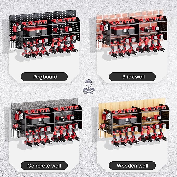 TRZZ 2-in-1 Power Tool Organizer Wall Mount, 3-Layer Drill Holder with 2 Side Pegboards, 8 Drill Holders, 4 Hooks, and 1 Dril