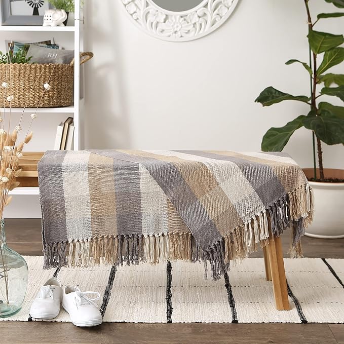 DII Buffalo Check Collection Rustic Farmhouse Throw Blanket with Tassels, 50x60, Tri Color, Stone