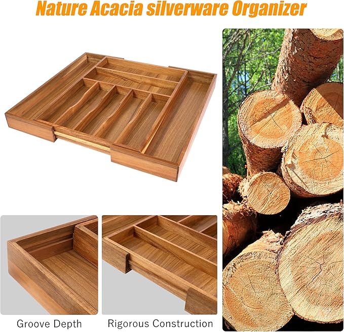 Bellsal Large Premium Acacia Wood Silverware Organizer - Expandable Utensil Drawer Organizer - 17"x19.6" Utensil Holder and C