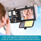 High Road Car Sun Visor Organizer with Hidden Auto Registration and Insurance Holder, Car Visor Mirror and Grip Band Storage Panel for Sunglasses and Driving Essentials