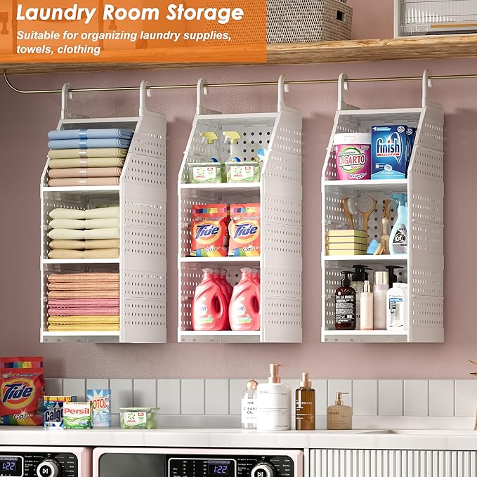 Honkazita 3-Tier Foldable Closet Hanging Organizer, Free-Standing | Hanging Closet Shelves for Wardrobe Laundry Room, Plastic