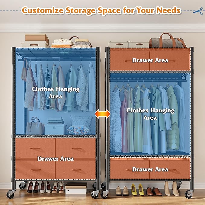 Raybee Clothes Rack Heavy Duty Clothing Rack with Rolling Wheels & 4 Drawers, Clothing Racks for Hanging Clothes with Drawers