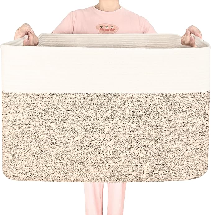 MINTWOOD Design 112L Extra Large Blanket Basket Holder Living Room, 25"x17"x16" Rectangle Rope Woven Storage Basket with Hand