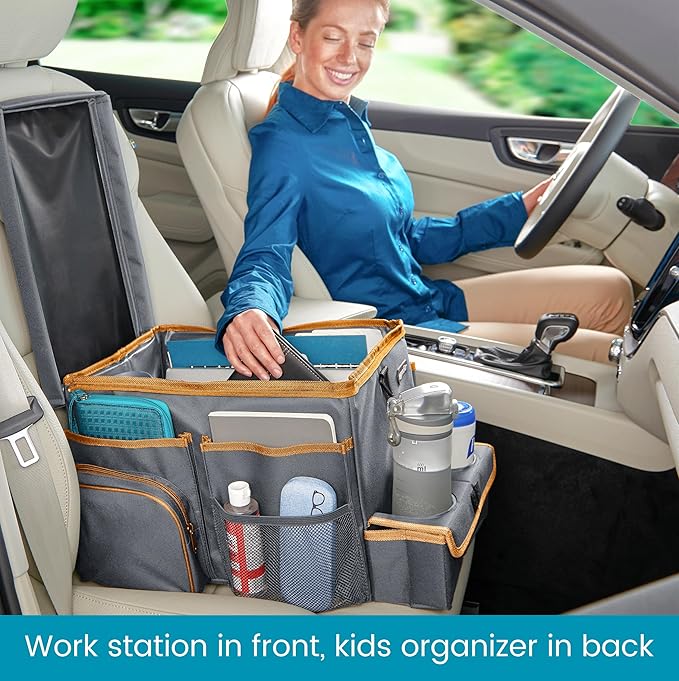 High Road CarHop Car Seat Organizer - Front Seat Organizer for Driver and Back Seat Organizer for Kids with Cup Holders, Study Tray Lid, Side Pockets and Cooler or File Compartment (Gray)