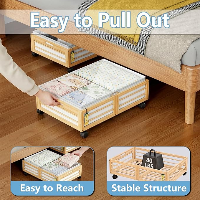 Under Bed Storage Containers with Wheels, Larger Bamboo Wood Under Furniture Storage Containers with Dust Bags，Rolling for Sh