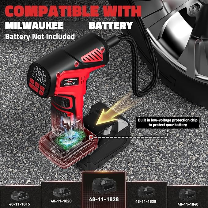 150PSI Tire Inflator Portable Air Compressor: Cordless Air Pump Compatible with Milwaukee 18V Battery - Car Tire Pump with LCD Display & LED Light for Auto, Motorcycles(Bare Tool)