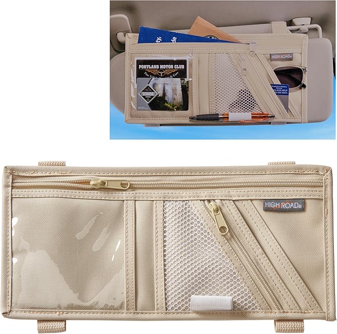 High Road Car Visor Organizer with Zippered Pockets, Sunglasses Sleeve and Clear Photo or Registration and Insurance Pocket - Heavy Duty Straps Fit Most Car, SUV and Truck Visors - Tan