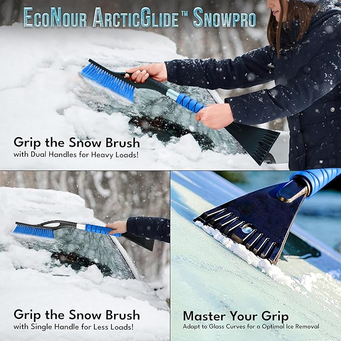 EcoNour 27" Aluminum Car Snow Scraper and Brush (Orange, Red & Blue) | Weaved Bristle Head with Metal Body Ice Scraper for Car Windshield | Tough Ice Scraper with Foam Grip Winter Accessory | 3 Pack
