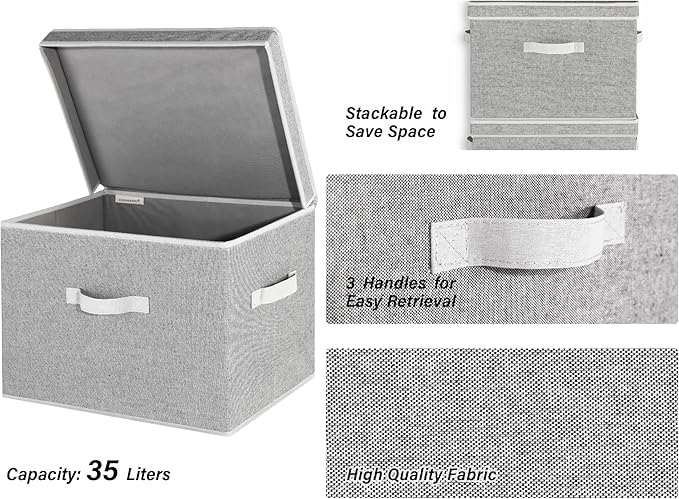 StorageWorks Fabric Storage Bins with Lid, Decorative Storage Boxes for Shelves, Stackable Closet Organizer Basket with Handl