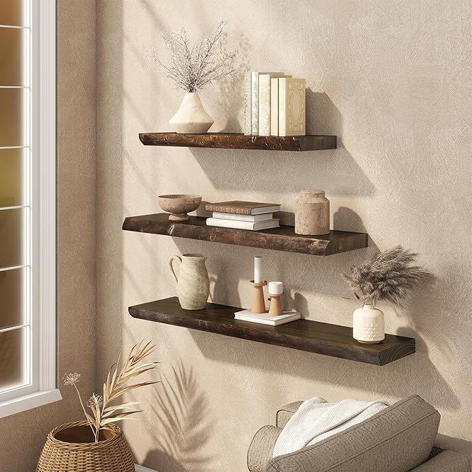 Floating Shelves Set of 2, Solid Elm Wood Wall Shelves 36 Inch - Invisible Bracket Mount for Living Room, Bedroom, Kitchen, B