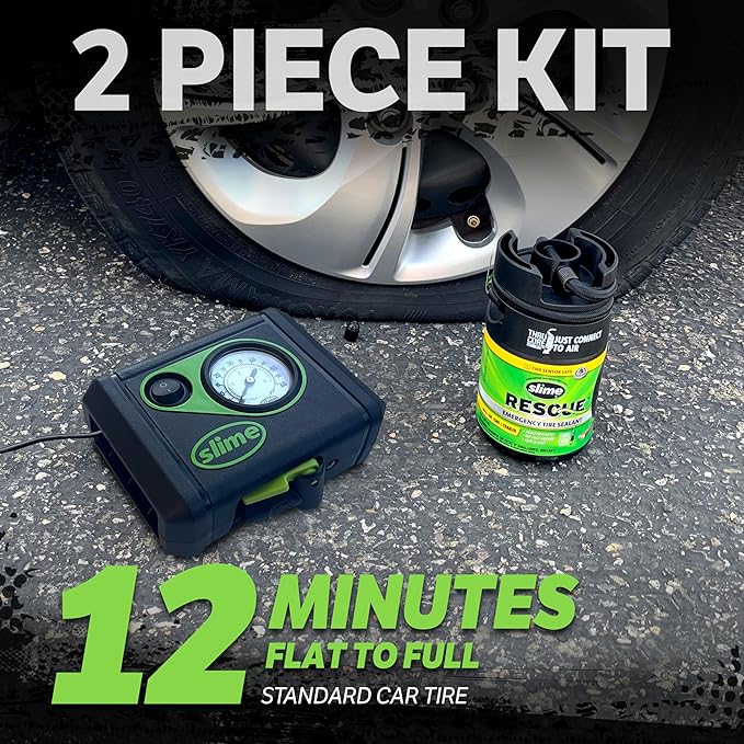 Slime 50138 Flat Tire Puncture Repair, Smart Spair Plus, Emergency Kit for Car Tires, Includes Sealant and Tire Inflator Pump