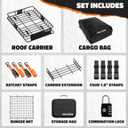 Mockins 64"x39"x6" Extendable Heavy Duty Roof Rack Basket w/ 16 CuFt Waterproof Cargo Bag for Top of Car | 250Lbs Cap All Weather Rooftop Cargo Carrier for Top of Vehicle & Car Top Carrier Accessories