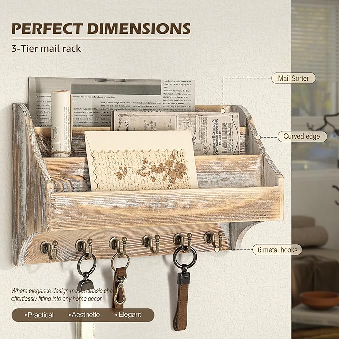 Rebee Vision Pine Wood Rustic Key Holder Wall Mount - Farmhouse 3-Tire Mail Holder with 6 Key Hooks - Multifunctional Wall Or
