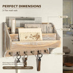 Rebee Vision Pine Wood Rustic Key Holder Wall Mount - Farmhouse 3-Tire Mail Holder with 6 Key Hooks - Multifunctional Wall Or