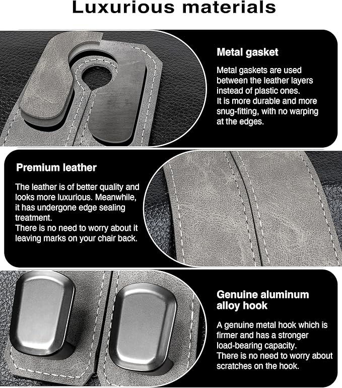 Car Purse Holder - Luxurious Leather, 4PCS Headrest Hooks with 100% Metal Hangers for Seat, Multifunctional Car Bag Hooks, Grey