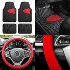 FH GROUP Car Seat Covers Premium Tall Channel Rubber Trimmable Floor Mats w. FH3001 Snake Pattern Silicone Steering Wheel Cover- Universal Fit for Trucks, SUVs, and Vans (Red/Black) F11311