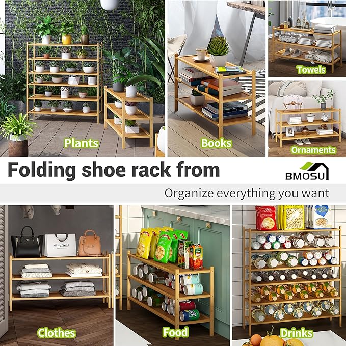BMOSU 3-Tier Bamboo Extended Shoe Rack Premium Stackable Shoe Shelf Storage Organizer for Hallway Closet Living Room Entryway