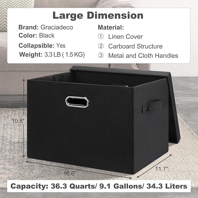 Graciadeco Large 17" 36 Quart Collapsible Stackable Storage Bins with Lids, 5 Packs Black Linen Fabric Closet Boxes with Lids
