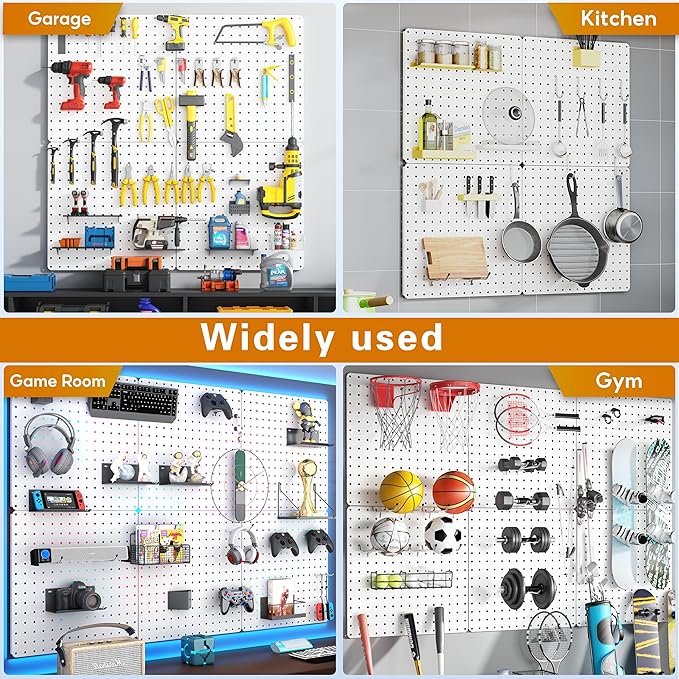 Peg Board, Total 32” x 32”, 68PCS Heavy Duty Metal Pegboard with Hooks, 4 Pack White Peg Board Panels, 50lbs Load Capacity Ea