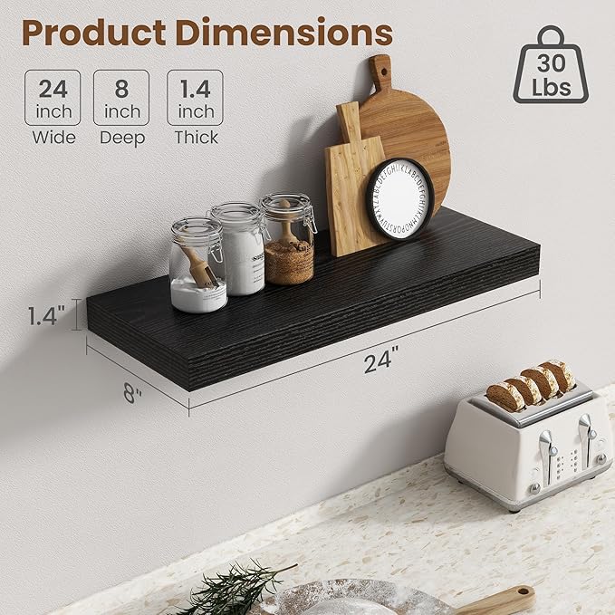 24 Inch Floating Shelves for Wall, 8 Inch Deep Floating Shelf for Storage & Display, Rustic Wall Mounted Shelf with Invisible