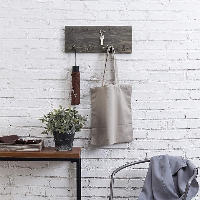 MyGift Wooden Key Rack Organizer in Vintage Gray Finish, Wall-Mounted Entryway Hanging Key Holder with 12 Hooks