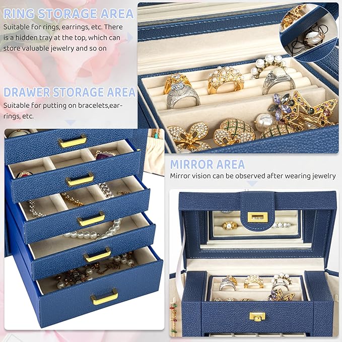 AKOZLIN Jewelry Box Organizer Functional Leather Jewelry Storage Case for Women Girls Ring Necklace Earring Bracelet Holder O