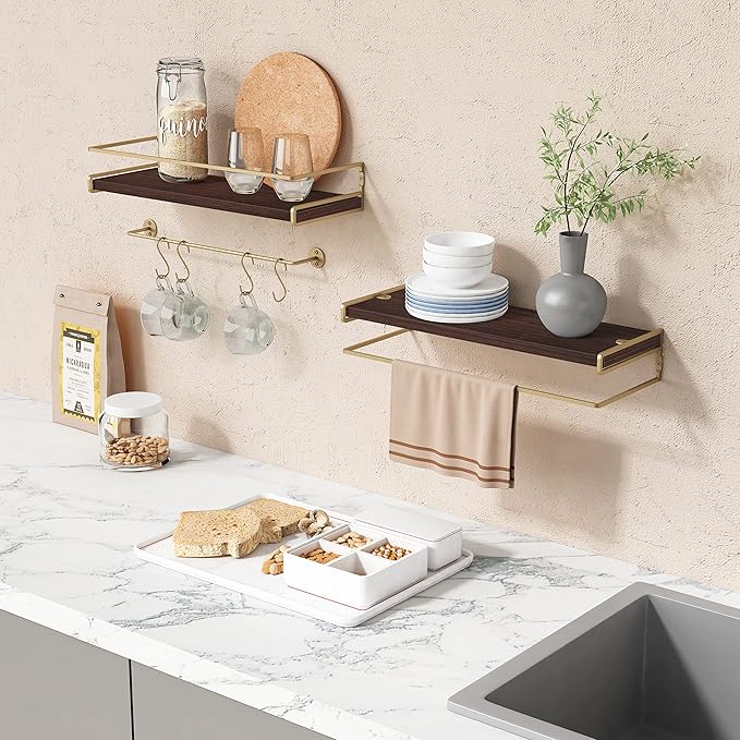 Floating Shelves Bathroom Shelves Over Toilet Set of 2, Bathroom Wall Shelves with Towel Bar, Wall Mounted Vanity Shelf for B