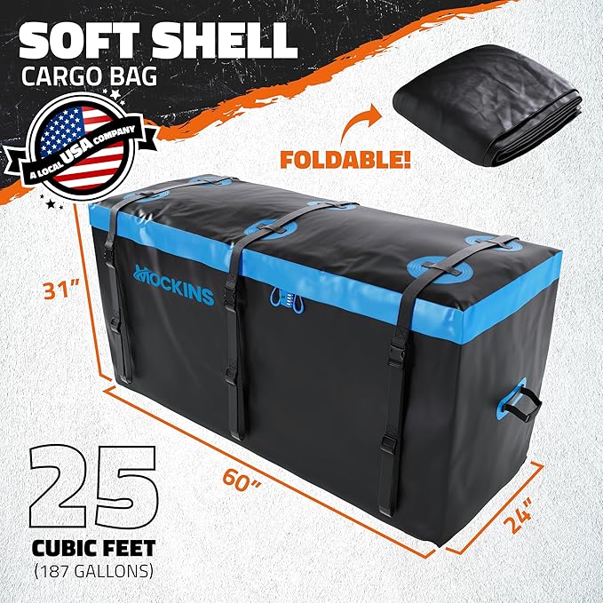 Mockins 25 Cu Ft Large Trailer Hitch Cargo Carrier Bag | 60"x24"x31" Waterproof Cargo Bag for Hitch Carrier & Truck Bed | Weatherproof Vinyl Vehicle Soft-Shell Carriers Set w/Straps, Lock & Carry Case
