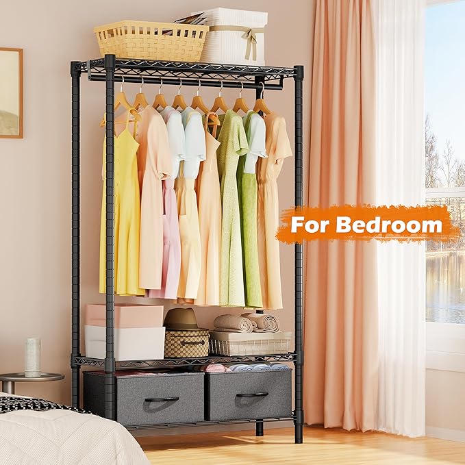 M MZG Heavy Duty Rolling Garment Rack 3 Tiers Adjustable Wire Shelving with Rod, Storage Closet Clothing Rack with Drawers Da