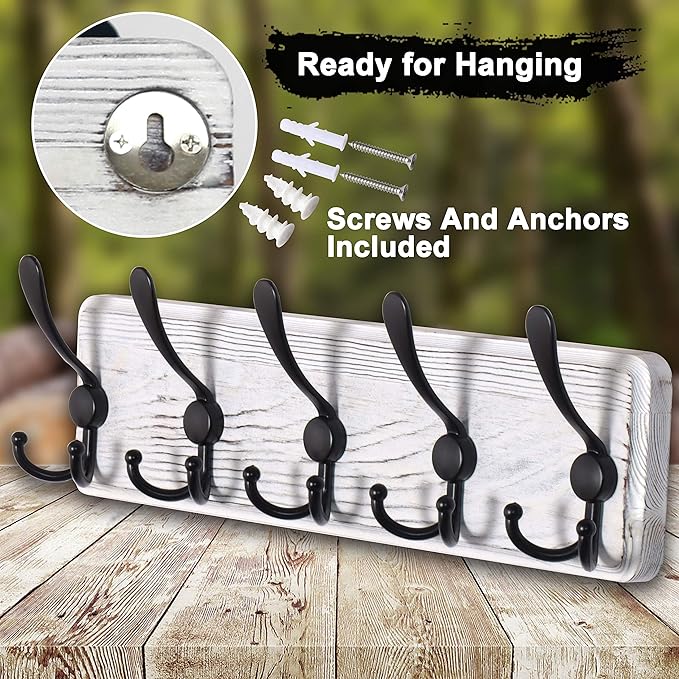 Dseap Coat Rack Wall Mounted - 5 Tri Hooks, Heavy Duty, Wooden Wall Coat Hanger Coat Hook for Clothes Hat Jacket Clothing, Wh
