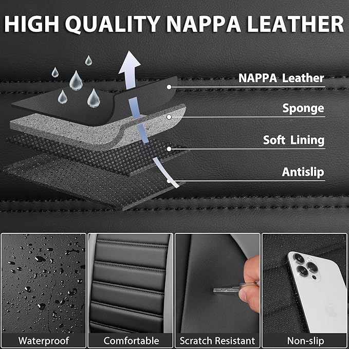 CAR PASS Nappa Leather Car Seat Covers Full Set, Luxury Seat Protector for Cars, Waterproof Anti-Slip Seat Cushion Armrest Co