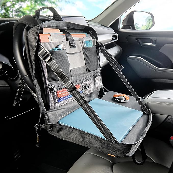 High Road Car Desk for Laptop and Steering Wheel Desk - Portable Car Office Laptop Case with 6 Storage Compartments, Phone Holder, Sturdy Mouse Tray and Wrist Rest