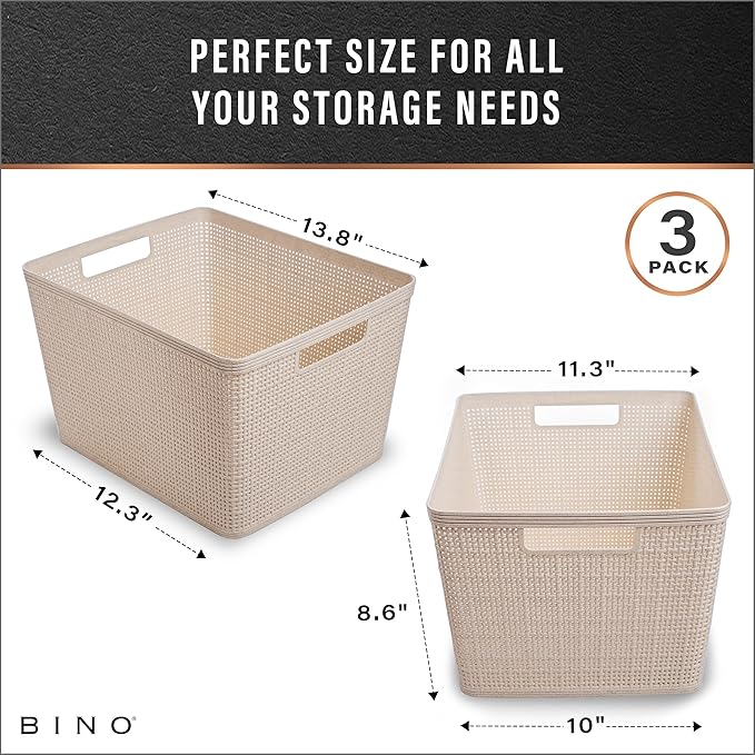 BINO Woven Plastic Basket | Large (Natural), 3-Pack | THE JUTE COLLECTION | Home Organization, Space-Saving Storage, Stylish 