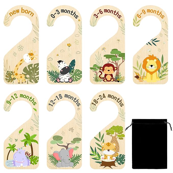 R HORSE 8Pcs Safari Baby Closet Dividers, Double Sided Nursery Hanger Dividers Wood Baby Closet Size Organizers for Boy Girl 