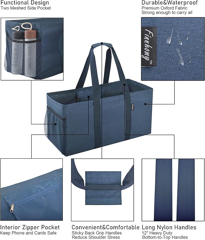 Finnhomy 42L Extra Large Utility Tote Bag, Oxford Fabric Reusable Folding Grocery Bags with Handles and Pockets, 2 Pack