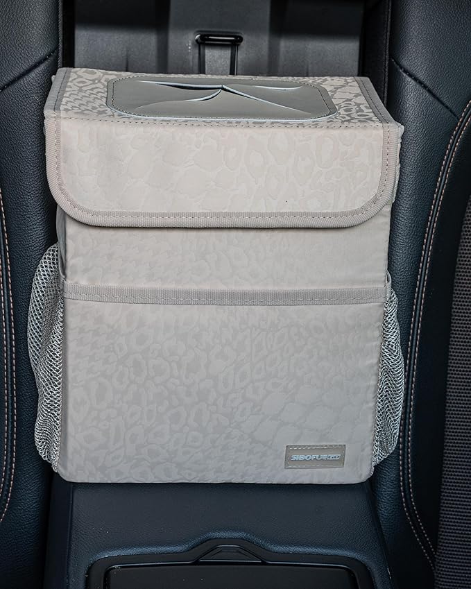 Car Trash Can - Cute Multifunctional Interior Car Accessory for Women, Organizer and Storage with Adjustable Straps, 2 Gallons (Leopard Print Beige)
