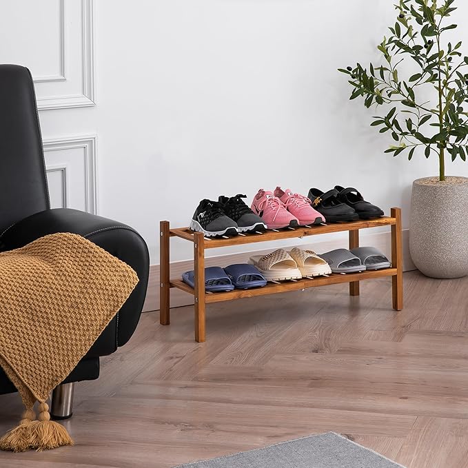 VICTORY RELAX Natural Acacia Wood 2-Tier Folding Shoe Rack – Space-Saving Wooden Shoe Organizer Shelf for Entryway, Hallway, 