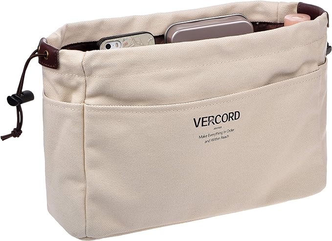 Vercord Canvas Handbag Organizers, Sturdy Purse Insert Organizer Bag in Bag, 10 Pockets Color Beige Large