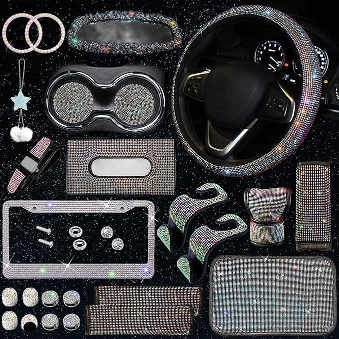 25PCS Bling Car Car Accessories Set,15 Inch Steering Wheel Cover,Shiny License Plate Frame,Center Console Cover and Rearview Mirror Set and Other Car Accessories(Multicolor)
