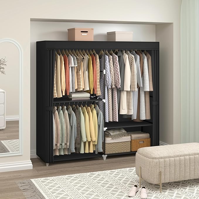 MOGELAFOO 62.5" Closet Wardrobe, Portable Closet for Bedroom, Freestanding Clothes Rack with Non-Woven Fabric Cover, 3 Hangin