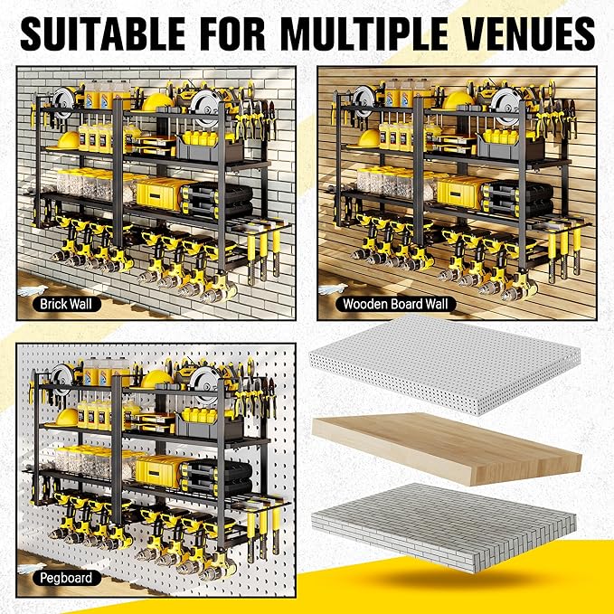 Hipidian Power Tool Organizer Wall Mount - Storage Rack with 4 Drill Holders for Drills Cordless Tools. Heavy Duty Iron Garag