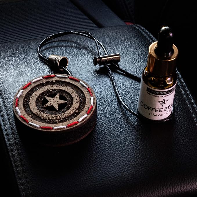 Wood Car Air Freshener — Handmade Car Air Freshener — Captain Shield Designed Fragrance Oil Diffuser in Wooden Gift Box — Aro