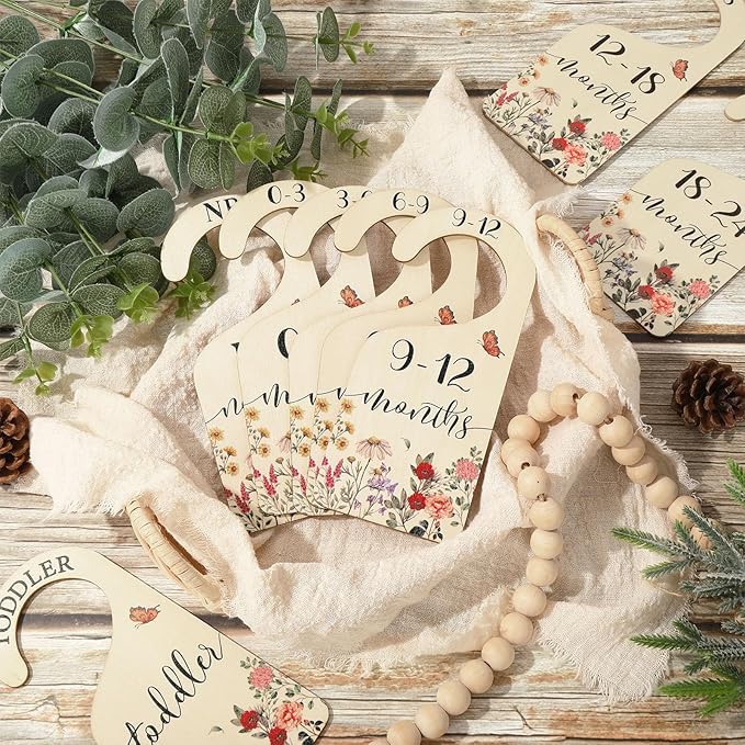 Whaline 8Pcs Vintage Wildflower Hanging Wood Baby Closet Size Dividers and Organizer - Newborn to 24 Months - Thicken Wardrob