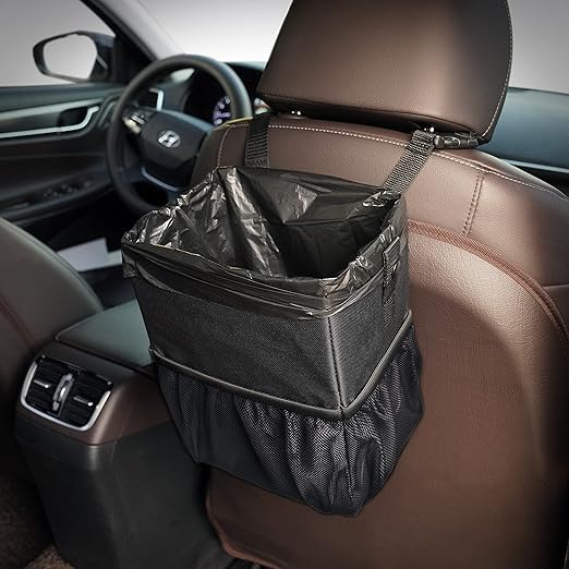 KMMOTORS Aladdin Car Trash Can Small with Mesh Pocket, Hanging Trash bin for car, Garbage Can with Trash Bags, Foldable car Trash can with Bag(Small Without Lid)