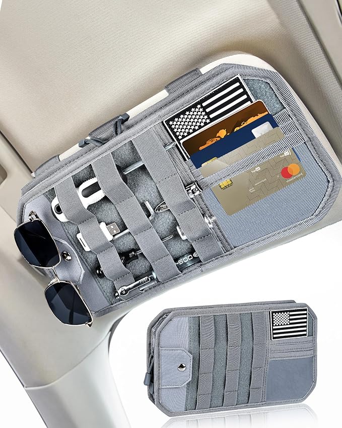 Heavy Duty Molle Car Sun Visor Organizer Tactical Pounch with Flag and Glasses Clip Store Your Daily Items for Most Cars, Trucks, SUVs, Compacts, 12.8"x6.9"x1.2" (Gray)