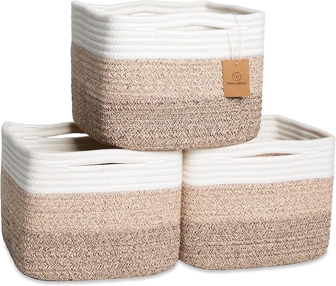 NaturalCozy Storage Cubes 9”x9”x7”Cotton Rope Woven Baskets for Organizing 3-Pack | 9 Inch Cube Storage Bin | Small Basket fo
